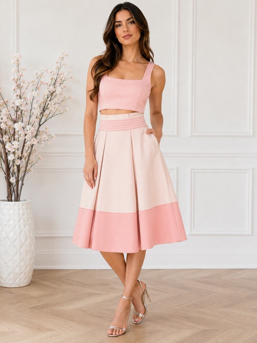 Elliatt Splendor Colorblock Pleated Midi Skirt Blush Melon Pink Ponte Sz S NWOT